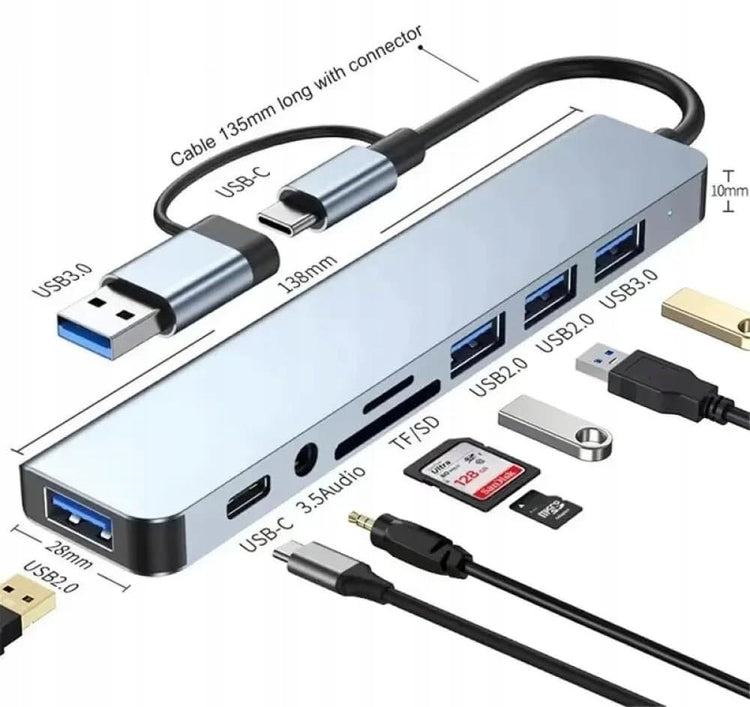 USB-C šakotuvas „Eurolook“ 8 in 1: USB 3.0, SD skaitytuvas ir garso jungtis