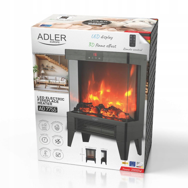 Elektrinis židinys „Adler AD 7755“, 2000 W, 3D LED liepsna, termostatas ir laikmatis