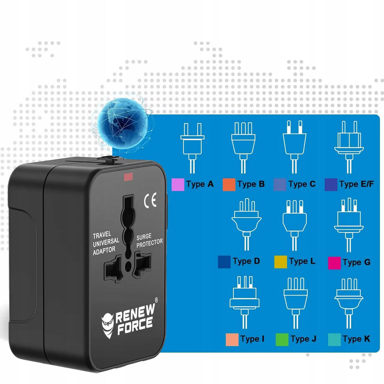 Universalus kelioninis adapteris „Renew Force“ 4 in 1 su USB, viso pasaulio lizdams