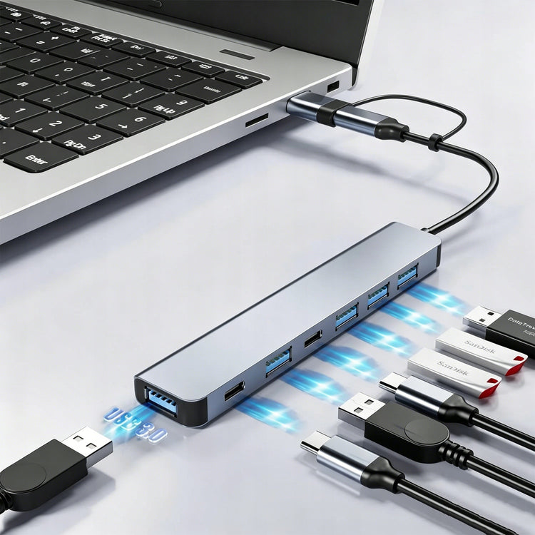 USB-C šakotuvas „Eurolook“ 8 in 1: USB 3.0, SD skaitytuvas ir garso jungtis