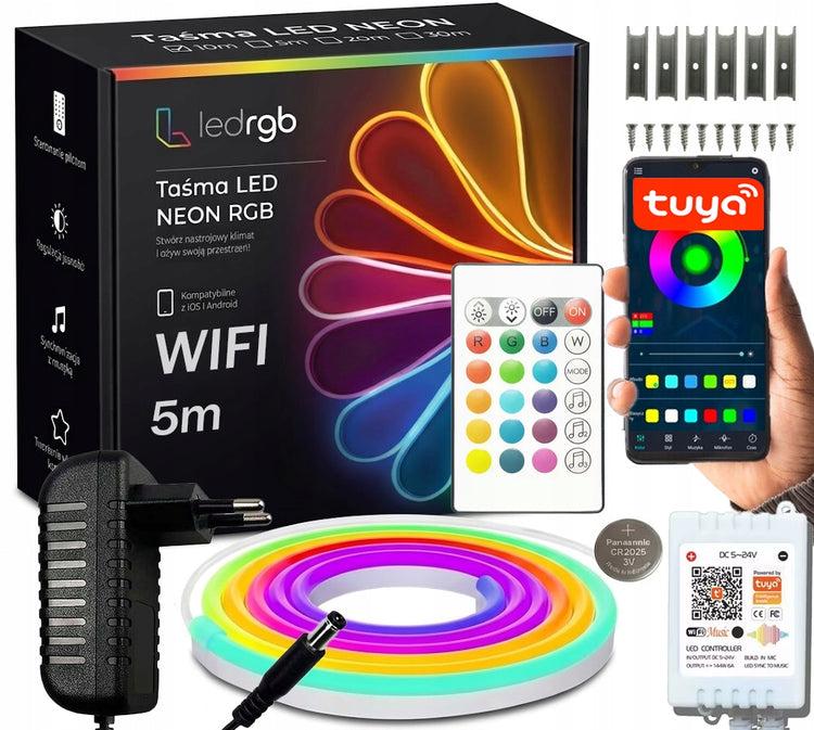 RGB LED neoninė juosta 5 m su Wi-Fi (Tuya), pultu ir maitinimo šaltiniu, IP67