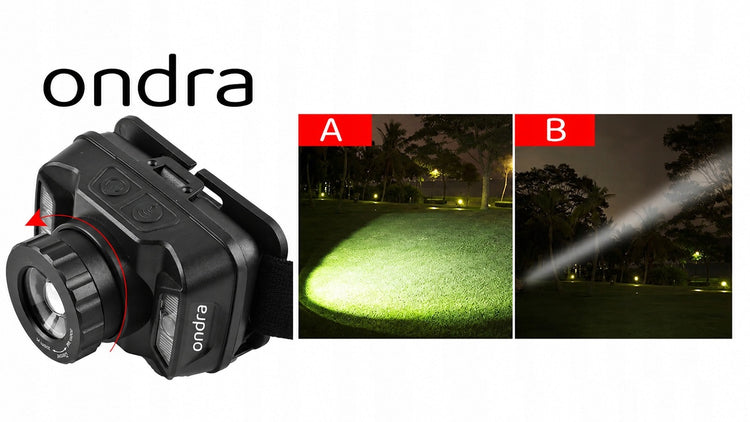 Įkraunamas LED žibintuvėlis ant galvos „Ondra Vertix“ su judesio jutikliu ir ZOOM, USB-C