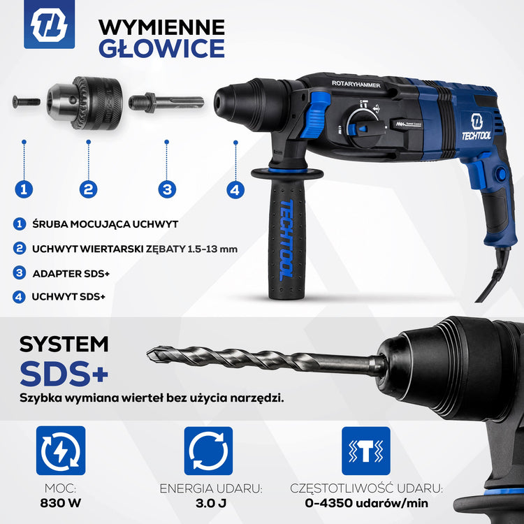Perforatorius „Techtool“ SDS+, 830 W, 3 J, su 3 m laidu – nuotrauka 3