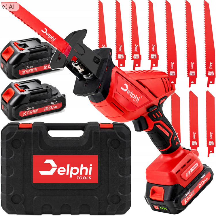 Akumuliatorinis tiesinis pjūklas „Delphi Tools D-Raze“, 18 V, 2 akumuliatoriai, 10 pjūklų