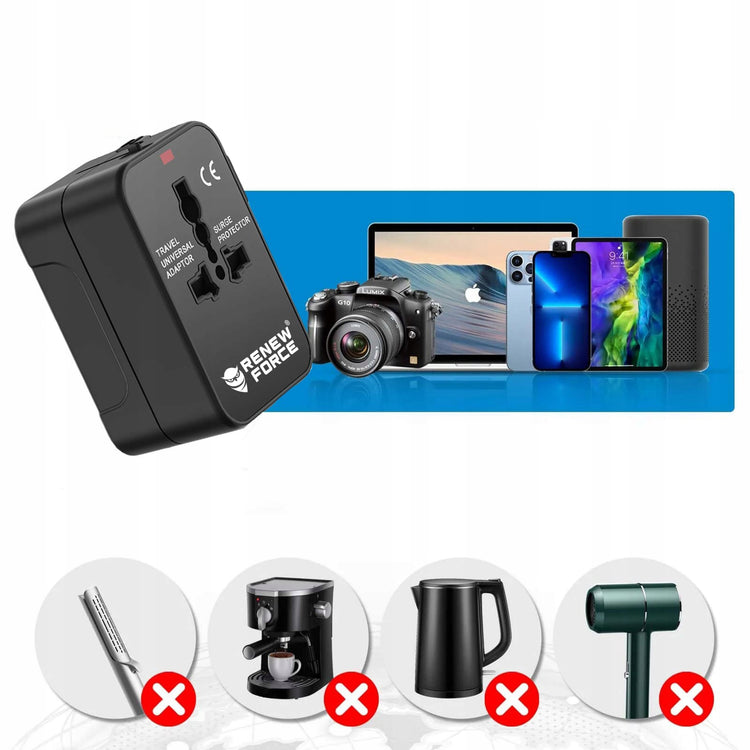 Universalus kelioninis adapteris „Renew Force“ 4 in 1 su USB, viso pasaulio lizdams