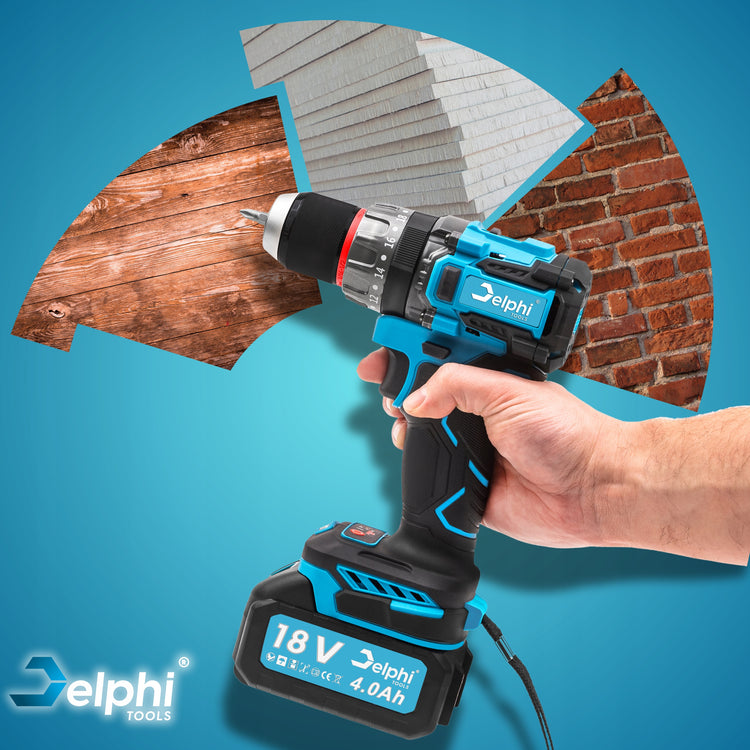 Akumuliatorinis smūginis gręžtuvas-suktuvas „Delphi Tools“, 18 V, 90 Nm, 4 Ah