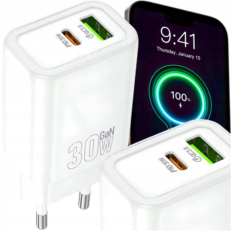 GaN tinklo įkroviklis „Matnox“ 30 W, USB + USB-C, PD 3.0, QC 3.0