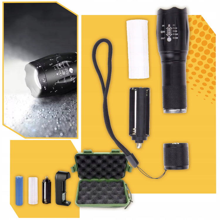 Akumuliatorinis taktinis LED žibintuvėlis XML-T6 su ZOOM, iki 1800 lm
