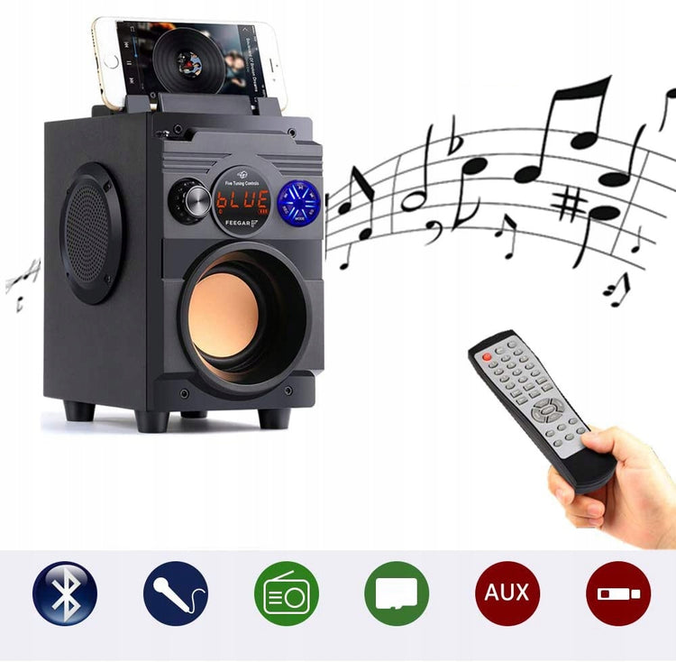 Medinė Bluetooth kolonėlė „Feegar Showjet“, 30 W, su FM radiju, USB ir karaoke funkcija