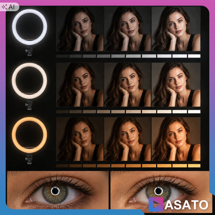 Didelė žiedinė LED lempa „Asato“ 45 cm, 240 W, su stovu ir pultu