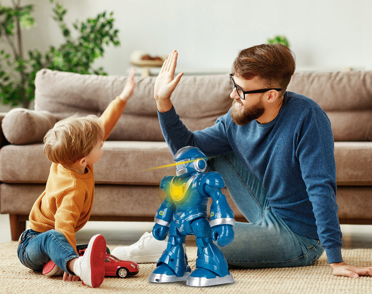 Nuotoliniu būdu valdomas šokantis ir dainuojantis robotas, mėlynas