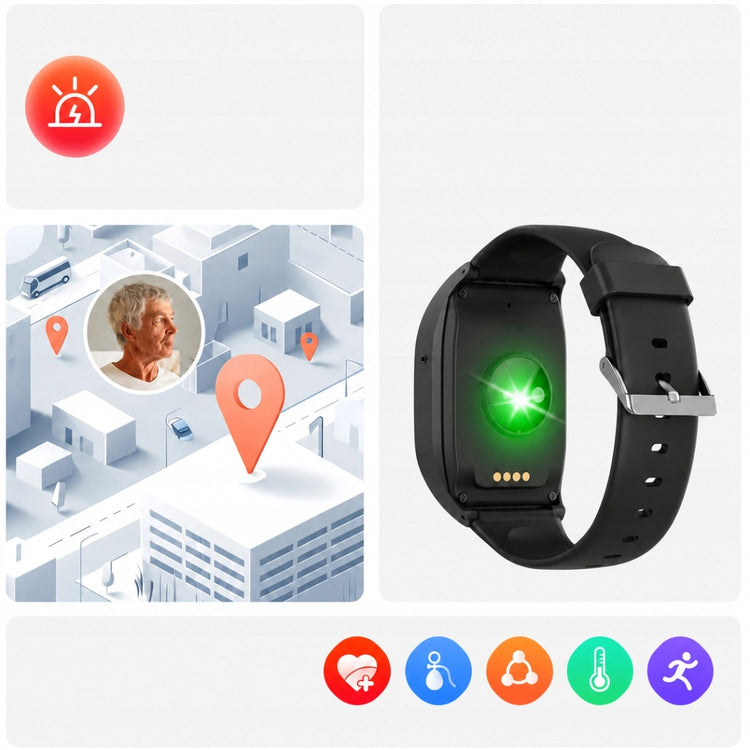 4G GPS laikrodis senjorams su SOS mygtuku ir pokalbiais, IP67, juodas