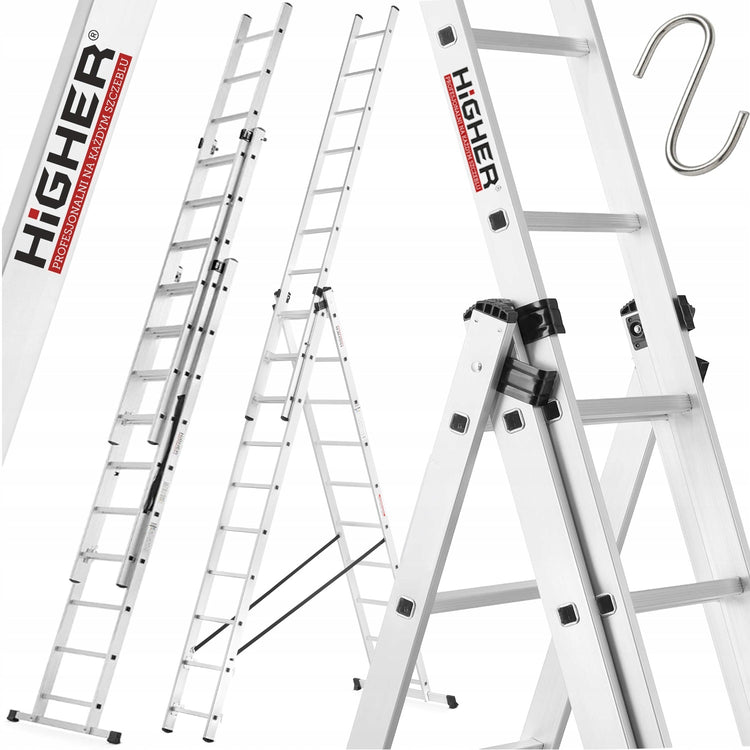 Daugiafunkcės aliuminės kopėčios 5in1 laiptams „Higher“ 3×10, 7,55 m, 150 kg
