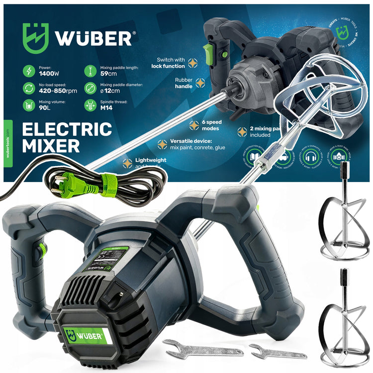 Elektrinė betono ir klijų maišyklė „Wuber“ su 2 maišymo antgaliais, 1400 W