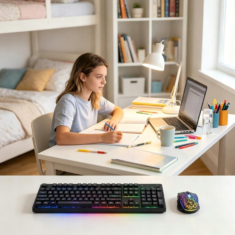 Belaidė mechaninė klaviatūra ir žaidimų pelė su LED apšvietimu, 2,4 GHz