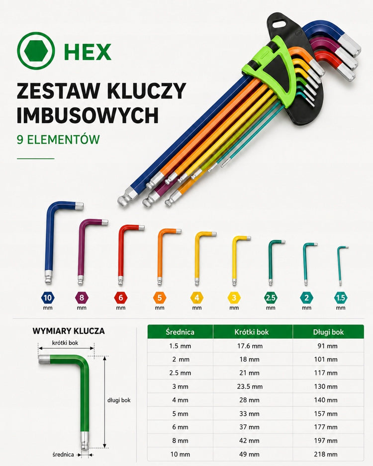 Ilgų spalvotų šešiakampių raktų su rutuliuku rinkinys „Kraft&Dele KD11931“, 1,5–10 mm, 9 vnt.