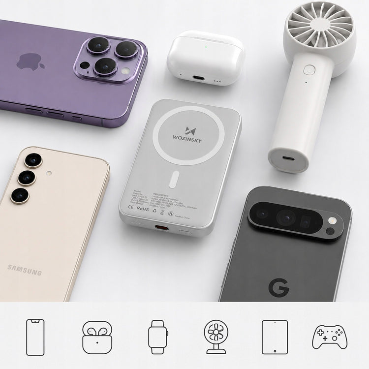 Magnetinis belaidis išorinis akumuliatorius „Wozinsky“ Qi / MagSafe, 10000 mAh, baltas