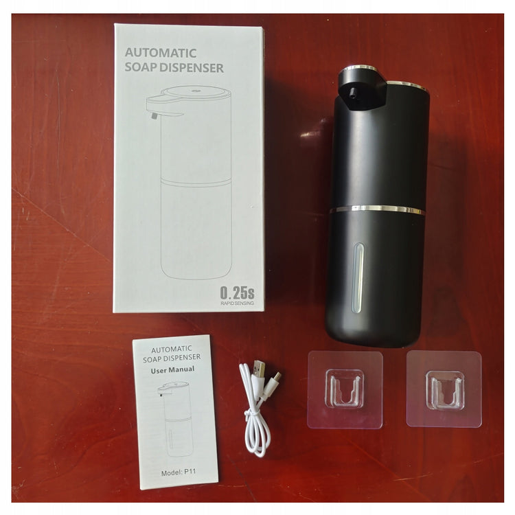 Pakabinamas bekontaktis muilo dozatorius, 380 ml, įkraunamas per USB, juodas