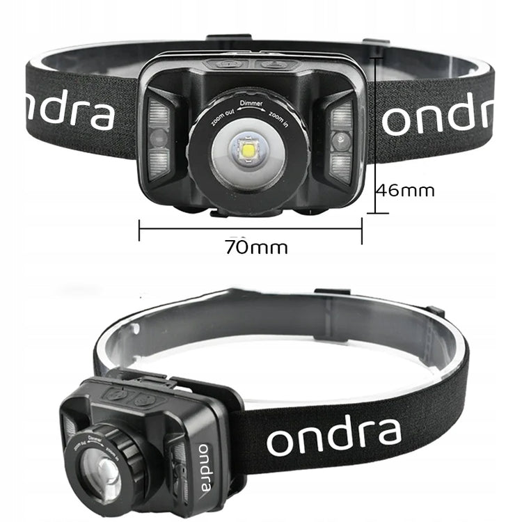 Įkraunamas LED žibintuvėlis ant galvos „Ondra Vertix“ su judesio jutikliu ir ZOOM, USB-C