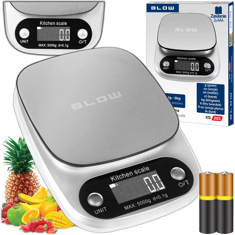 Elektroninės virtuvinės svarstyklės „Blow KS203“, 5 kg / 0,1 g, sidabrinės
