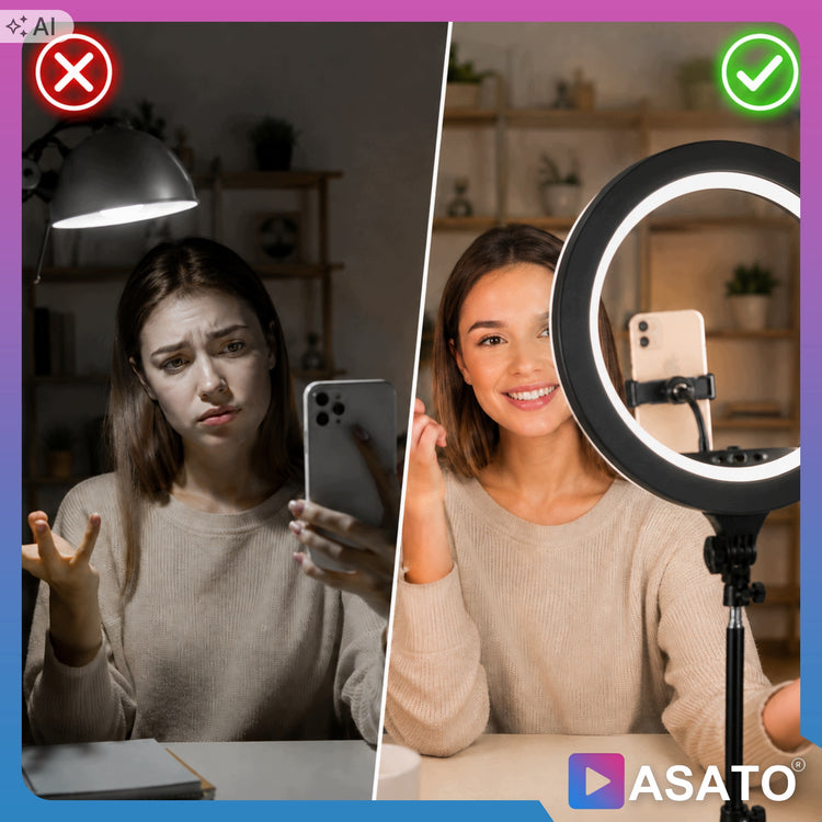 Didelė žiedinė LED lempa „Asato“ 45 cm, 240 W, su stovu ir pultu