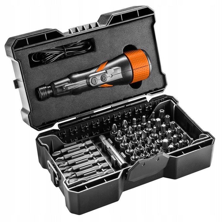 Akumuliatorinis atsuktuvas „NEO Tools“ 3,6 V, USB-C, su antgalių rinkiniu – nuotrauka 1