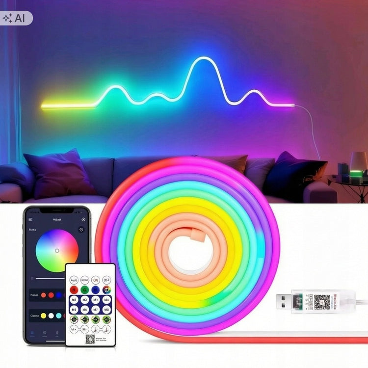 RGB LED neoninė juosta 5 m su Bluetooth ir pultu, 150 LED, IP67