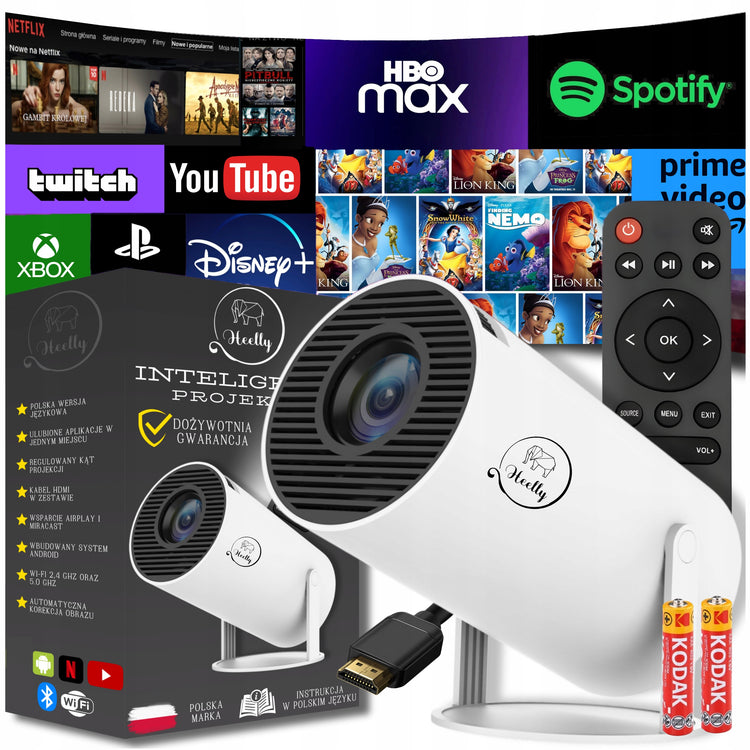 Nešiojamas projektorius „Heelly“ su „Android TV“ ir Wi-Fi, pasukamas, baltas