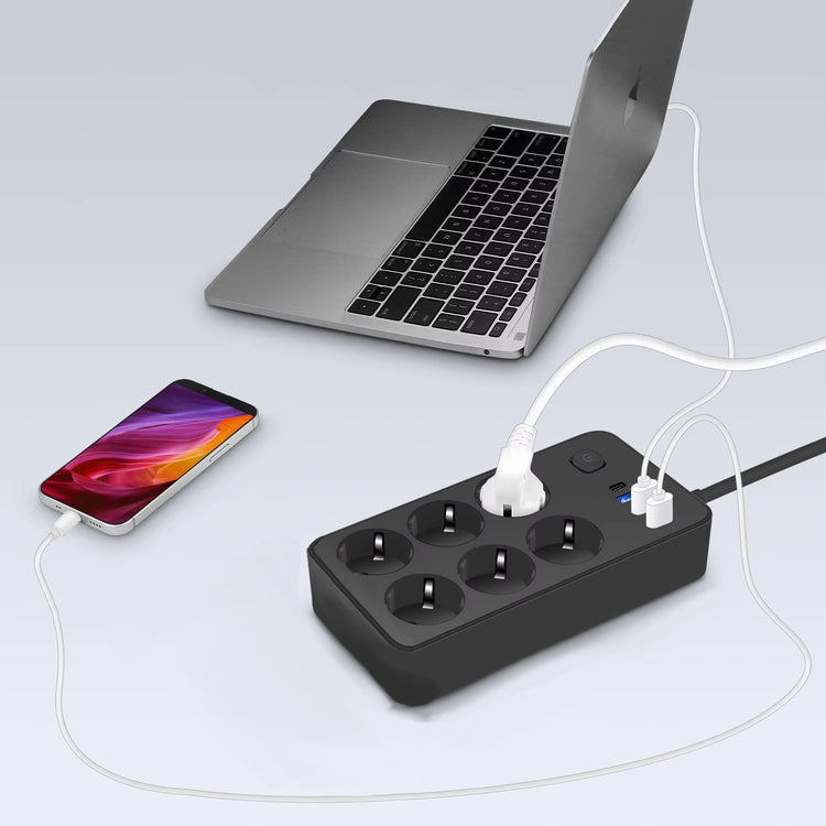 Ilgintuvas „Blow“ su jungikliu, 6 lizdai, 3× USB ir USB-C, 2 m, juodas