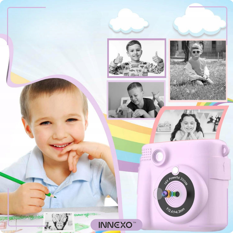 Vaikiškas momentinis fotoaparatas su spausdintuvu ir popieriaus ritinėliais, violetinis