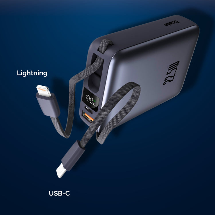 Išorinė baterija „Boste“ 20000 mAh, 22,5 W, su įmontuotais USB-C ir Lightning laidais