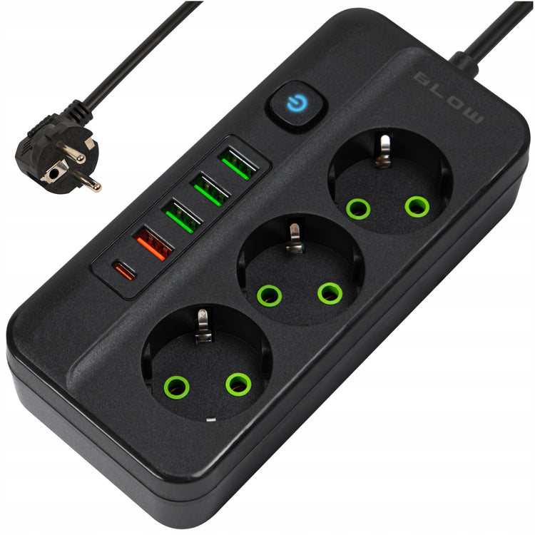 Ilgintuvas „Blow“ su jungikliu, 3 lizdai, 4× USB, 3 m, juodas