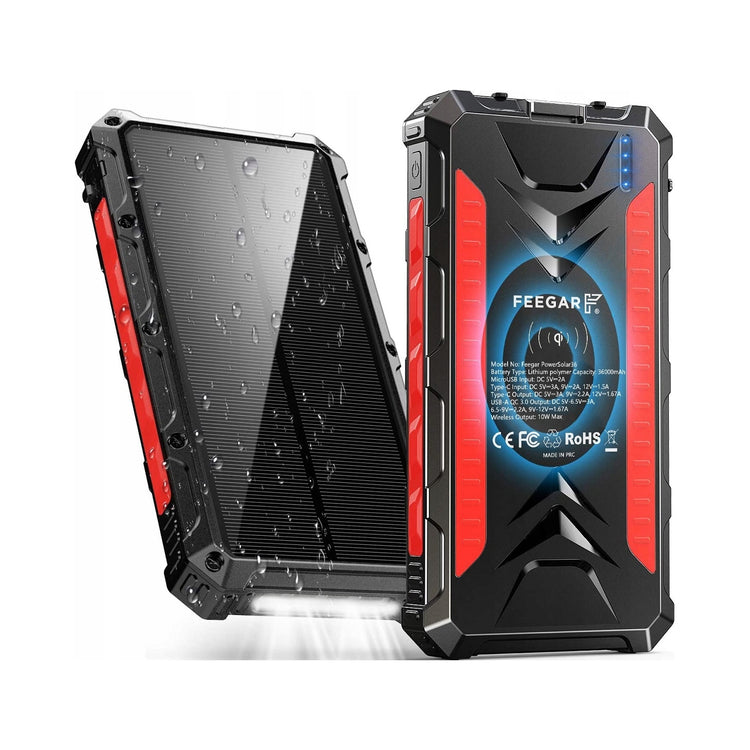 Išorinė baterija su saulės panele „Feegar PowerSolar36“ 36000 mAh, Qi, PD 20 W, IP65, su žibintuvėliu