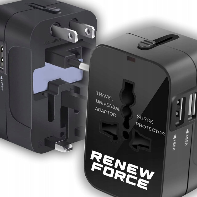Kelioninis adapteris „Renew Force“ su 2 USB lizdais, EU / UK / US / AUS