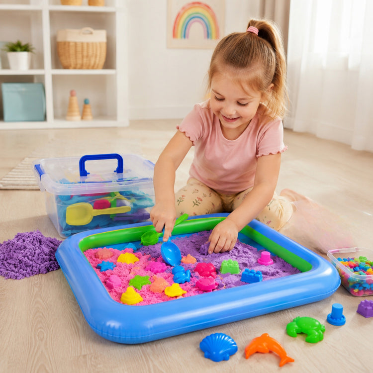 Kinetinio smėlio rinkinys 3 kg su formelėmis ir mentele, 6 spalvos