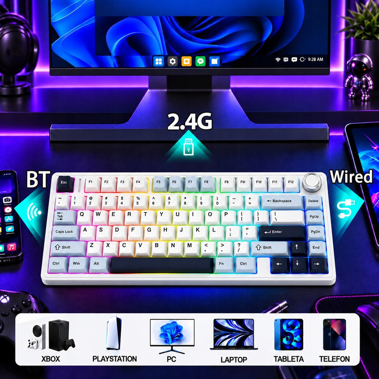 Belaidė mechaninė klaviatūra „Aula F75“, balta, Bluetooth / 2.4 GHz / USB-C