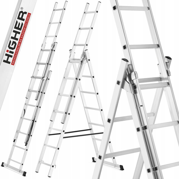 Daugiafunkcės aliuminės kopėčios laiptams „Higher“ 3×7, 4,25 m, 150 kg