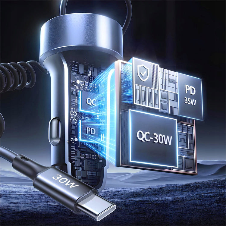 Automobilinis kroviklis „Polion“ 65 W: USB-A + 2× USB-C, QC 3.0, PD, su laidu