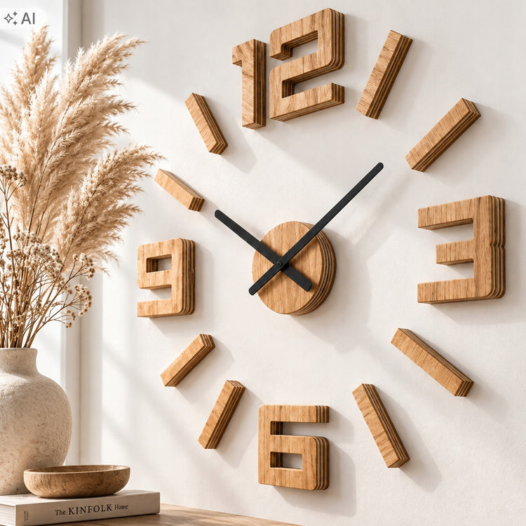 Didelis klijuojamas ąžuolinis 3D sieninis laikrodis „ModernClock Lotus“, 75 cm