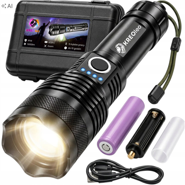 Akumuliatorinis aliuminis taktinis LED žibintuvėlis „KREOleo“ su ZOOM, IPX8, USB-C
