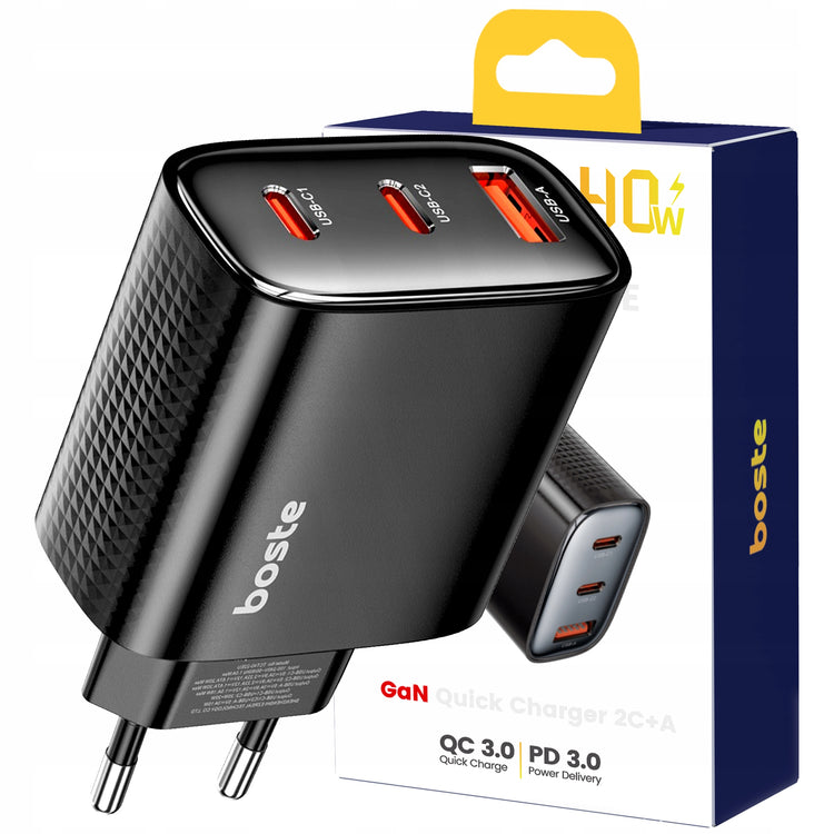 GaN tinklo įkroviklis „Boste“ 40 W, 2 × USB-C + USB-A