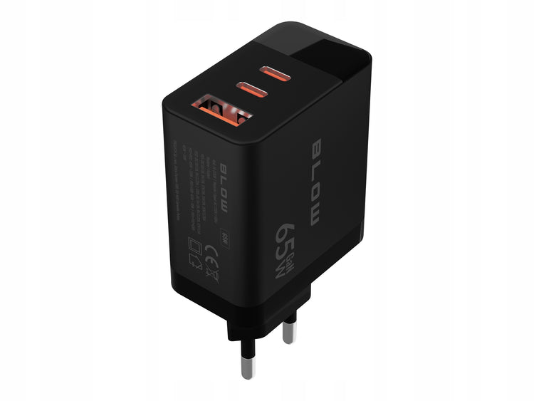GaN tinklo įkroviklis „Blow“ 65 W su vatmetru, USB-A + 2 × USB-C, juodas