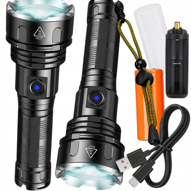 Galingas taktinis LED žibintuvėlis su zoom ir USB-C, IPX8