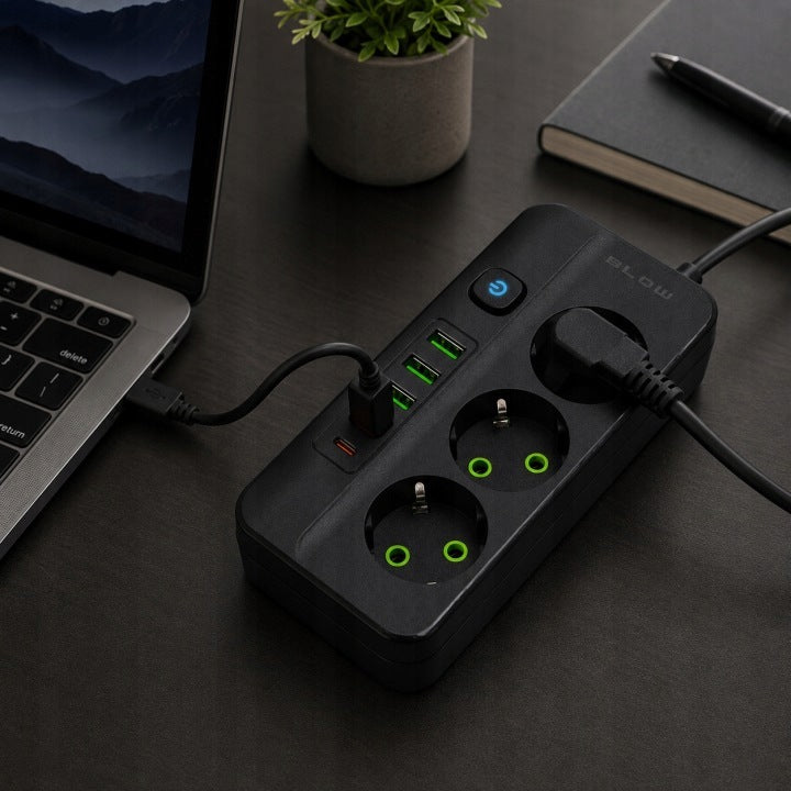 Ilgintuvas „Blow“ su jungikliu, 3 lizdai, 4× USB, 3 m, juodas