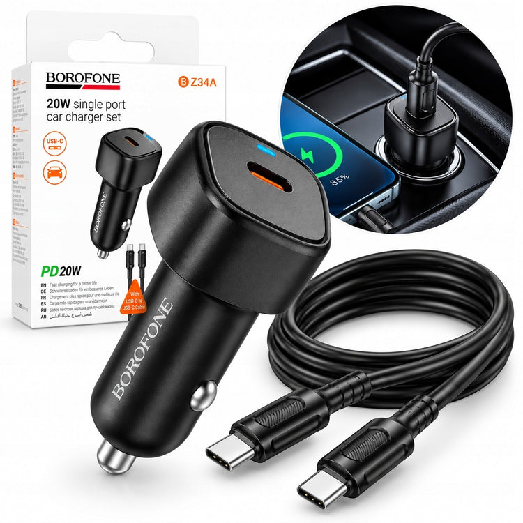 Automobilinis įkroviklis „Borofone BZ34A“, USB-C PD 20 W, su USB-C laidu