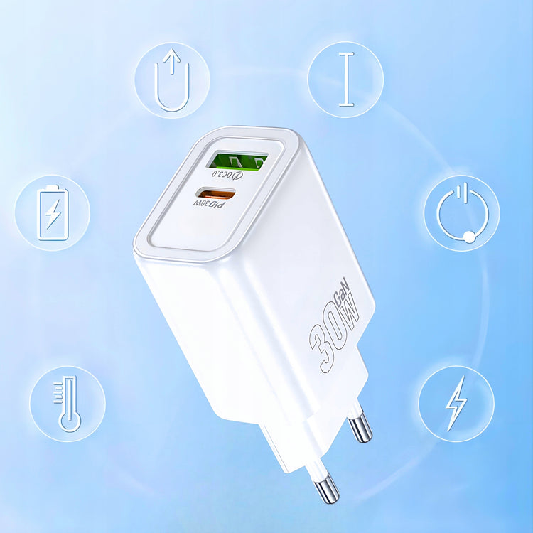 GaN tinklo įkroviklis „Matnox“ 30 W, USB + USB-C, PD 3.0, QC 3.0