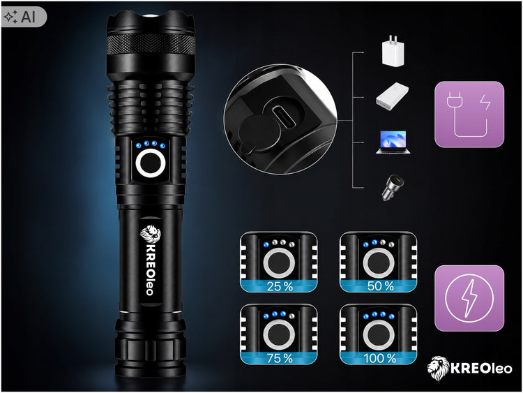 Akumuliatorinis aliuminis taktinis LED žibintuvėlis „KREOleo“ su ZOOM, IPX8, USB-C
