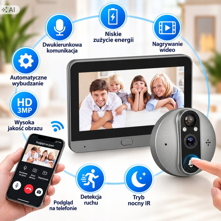 Belaidė Wi-Fi durų akutė su kamera ir ekranu Tuya, 3 MP, 140°