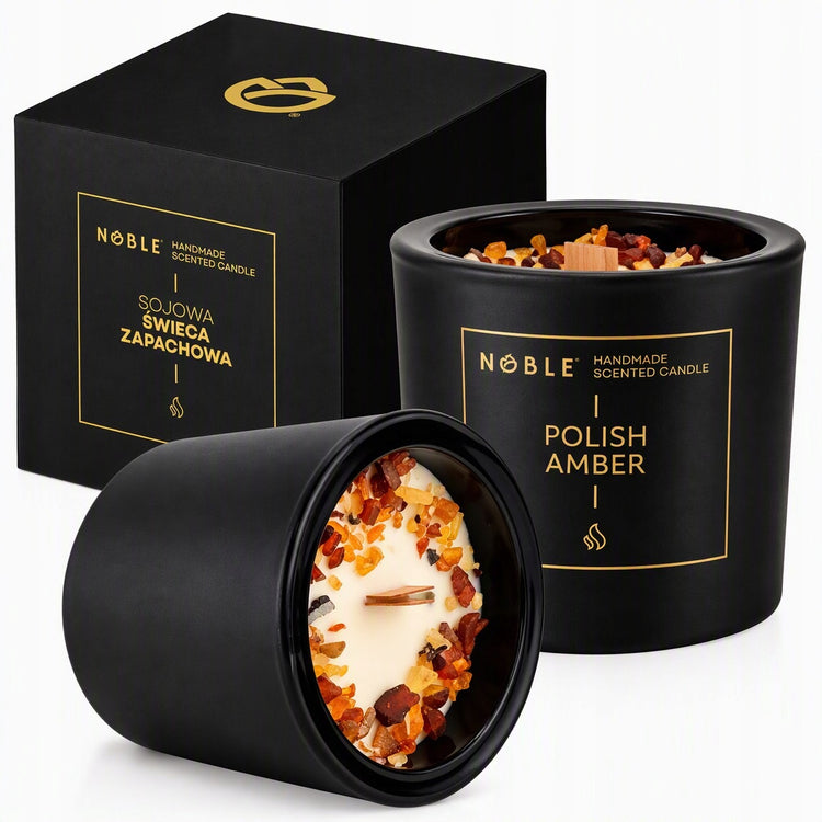 Kvapioji sojų vaško žvakė su gintaru „Noble Polish Amber“, matinis juodas stiklas