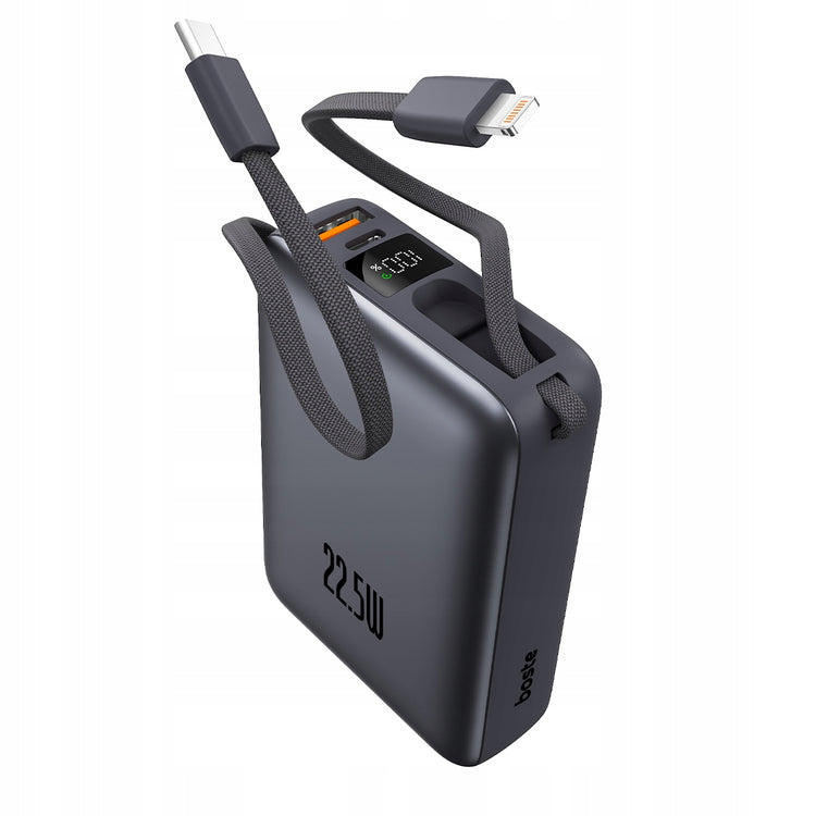 Išorinė baterija „Boste“ 20000 mAh, 22,5 W, su įmontuotais USB-C ir Lightning laidais